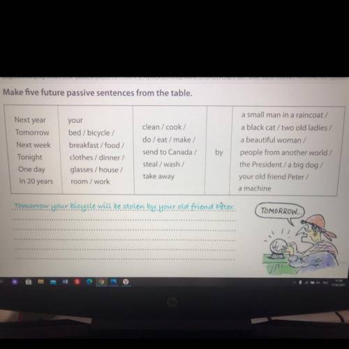 Make five future passive sentences from the table. Next year Tomorrow Next week Tonight One day In 2