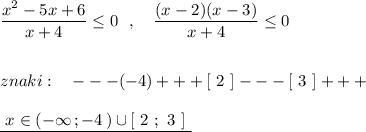 \dfrac{x^2-5x+6}{x+4}\leq 0\ \ ,\ \ \ \dfrac{(x-2)(x-3)}{x+4}\leq 0\\\\\\znaki:\ \ \ ---(-4)+++[\ 2\ ]---[\ 3\ ]+++\\\\\underline{\ x\in (-\infty \, ;-4\, )\cup [\ 2\ ;\ 3\ ]\ }