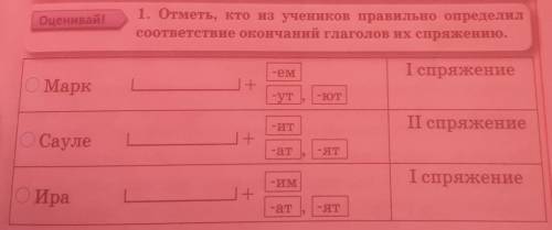 Оценивай! 1. Отметь, кто из учеников правильно определилсоответствие окончаний глаголов их спряжению