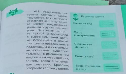 На Карточка цветкаВнешний видгоМестопроизрастания419. Разделитесьгруппы. Составьте карто-теку цветов