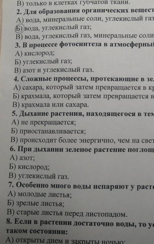 1. Органические вещества образуются на свету: А) во всех клетках мякоти листа (основной ткани);Б) то