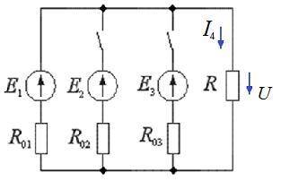 Рассчитайте напряжение U на участке цепи, где: a) один источник работаетб) два источника работаютв)