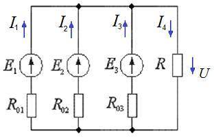 Рассчитайте напряжение U на участке цепи, где: a) один источник работаетб) два источника работаютв)