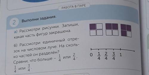 1- РАБОТА В ПАРЕ3122Выполни задания.а) Рассмотри рисунки. Запиши,какая часть фигур закрашена.66) Рас