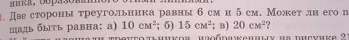 2 стороны треугольника равны 6 см и 5 см. может ли его площадь быть равна: а) 10 см в квадрате в)15