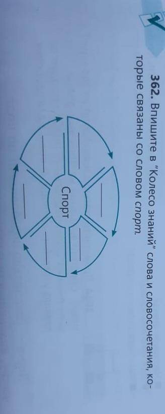 362. Впишите в Колесо знаний слова и словосочетания, ко связаны со словом спорт. торые Спорт​