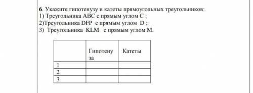 Укажите гипотенузу и катеты прямоугольных треугольников: 1) Треугольника АВС с прямым углом С ;2)Тре