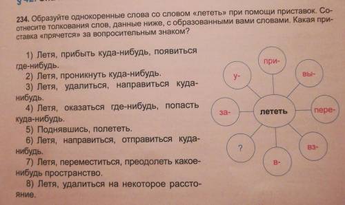 234. Образуйте однокоренные слова со словом «лететь» при приставок. Со- отнесите толкования слов, да