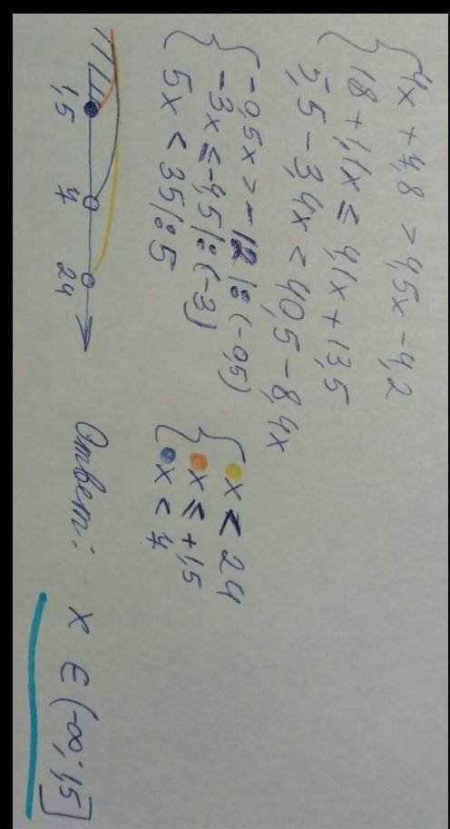 1039. Решите систему неравенств: 4х + 7,8 > 4,5х – 4,2,1) 18 + 1,1x < 4,1x + 13,5,5,5 - 3,4x &