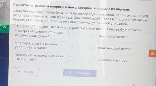 Прочитай отрывок и вопросы к нему. Соедини вопросы с их видами. «Шла тяжелая, крупная рыбина, била п