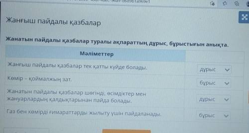 Жанғыш пайдалы қазбалар Жанатын пайдалы қазбалар туралы ақпараттың дұрыс, бұрыстығын анықта.Мәліметт