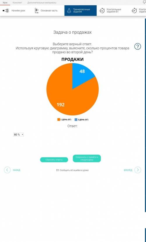 Выберите верный ответ. Используя круговую диаграмму, выясните, сколько процентов товара продано во в