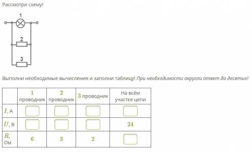 Рассмотри схему! Выполни необходимые вычисления и заполни таблицу! При необходимости округли ответ д