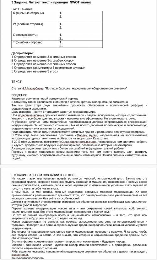 SWOT АНАЛИЗ по статье Н. А. Назарбаев Взгляд в будущее: модернизация общественного сознания