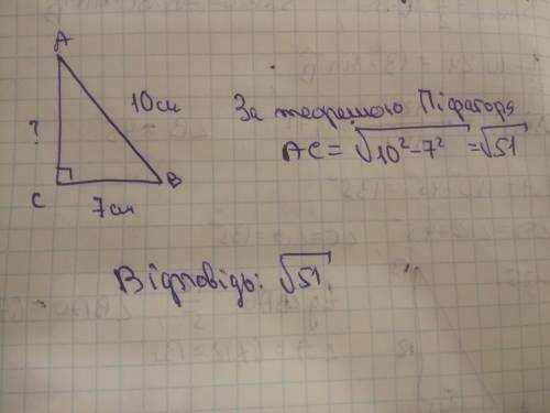 Знайдіть катет прямокутного трикутника, якщо гіпотенуза 10 см катет 7 см