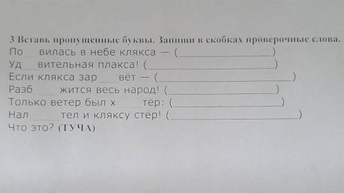 3 Вставь пропущенные буквы. Запиши в скобках проверочные слова. По вилась в небе клякса — (вительная