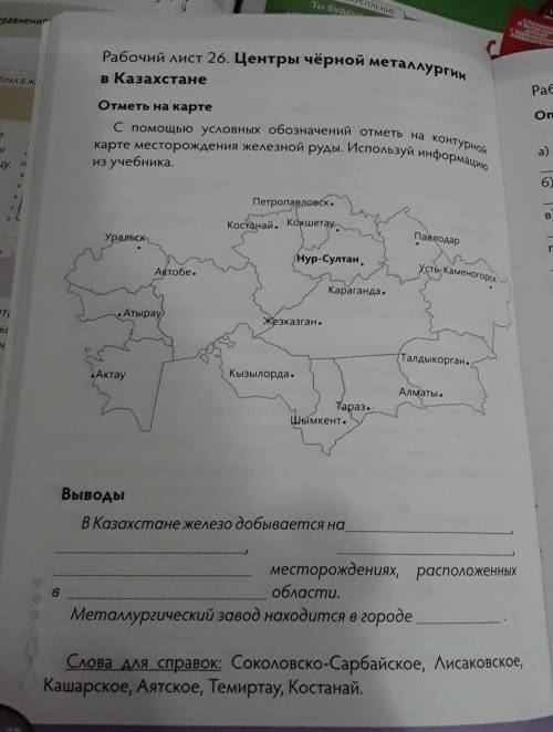 С условных обозначений отметь на контурной карте месторождения железной руды. Используй информациюиз