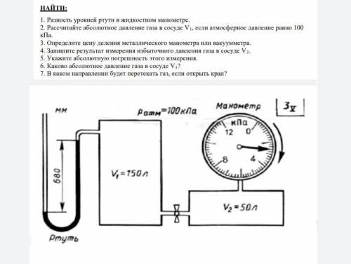 1.Разность уровней ртути в жидкостном манометре. 2. Рассчитайте абсолютное давление газа в сосуде V1
