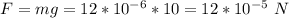 F = mg = 12*10^{-6}*10 = 12*10^{-5}~N