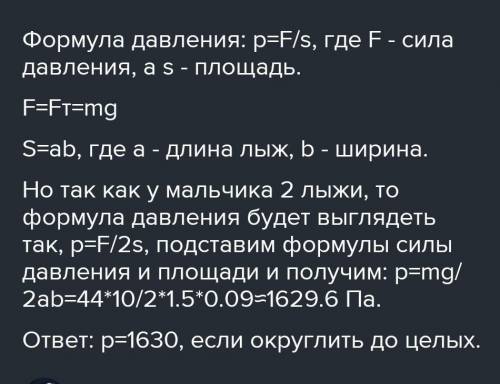 Мальчик массой 44 кг стоит на лыжах. Длина каждой лыжи равна 1,2 м, ширина равна 8 см. Какое давлени