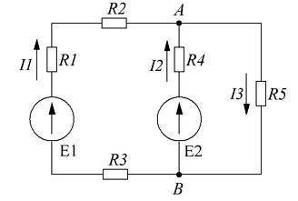 Найти токи I1, I2, I3.E1 = 50 B, E2 = 30 B, R1 = R3 = 10 Ом, R2 = R5 = 20 Ом, R4 = 25 Ом.