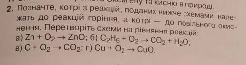 2. Позначте, котрі з реакцій, поданих нижче схемами, нале- жать до реакцій горіння, а котрідо повіль