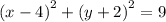 {(x - 4)}^{2} + {(y + 2)}^{2} = 9