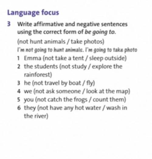 Write affirmative and negative sentences using the correct form of be going to.​