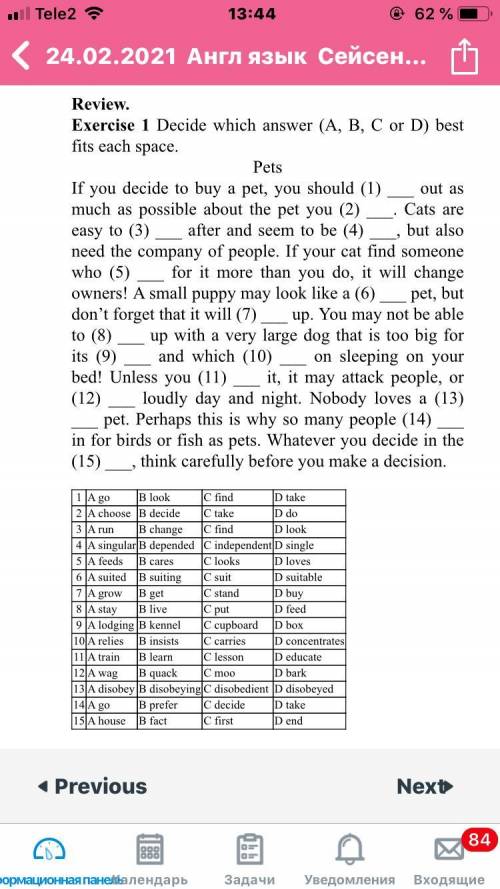 Review. Exercise 1 Decide which answer (A, B, C or D) best fits each space.