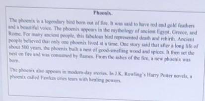 Task 1. Read the text below and mark the sentences as T (true) or F (false). 1. The phoenix is a leg