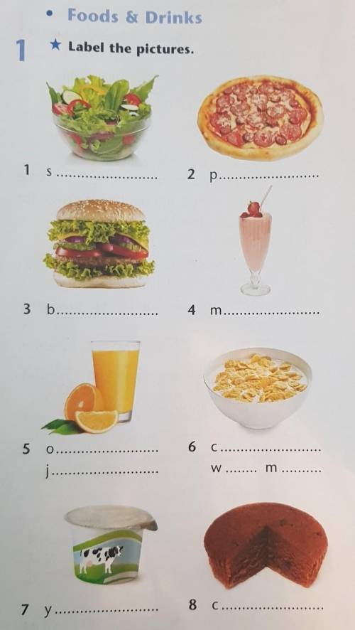 • Foods & Drinks 1* Label the pictures,1 S 2 pasos3 b4 m 506 C W m voor8 C 7 y