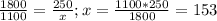 \frac{1800}{1100} =\frac{250}{x} ; x=\frac{1100*250}{1800} =153