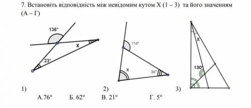 Встановіть відповідність між невідомим кутом X (1-3) та його значенням (А-Г)​