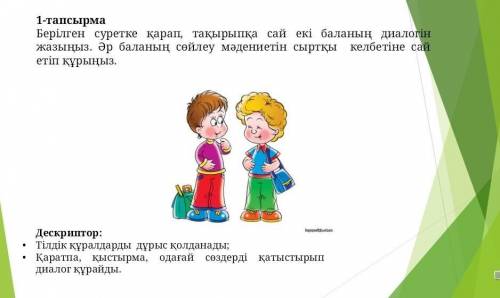 1-тапсырма Берілген суретке қарап, тақырыпқа сай екі баланың диалогін жазыңыз. Әр баланың сөйлеу мәд