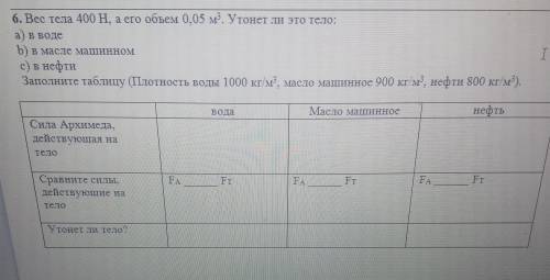 6. Вес тела 400 H, а его объем 0,05 м3. Утонет ли это тело: а) в водеb) в масле машинномс) в нефтиЗа