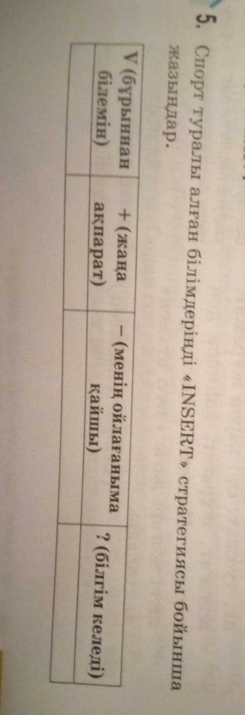 5. Cпорт туралы алған білімдеріңді «INSERT» стратегиясы бойынша жазыңдар.V (бұрыннанбілемін)+ (жаңаа