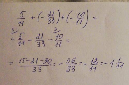 Обчисліть 5/11+(-21/33)+(-10/11)
