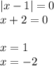 |x - 1| = 0 \\ x + 2 = 0 \\ \\ x = 1 \\ x = - 2