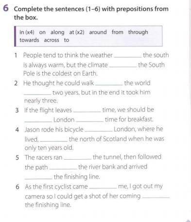 Please HELP FAST! Compleate the sentences (1-6) With preposition from the box