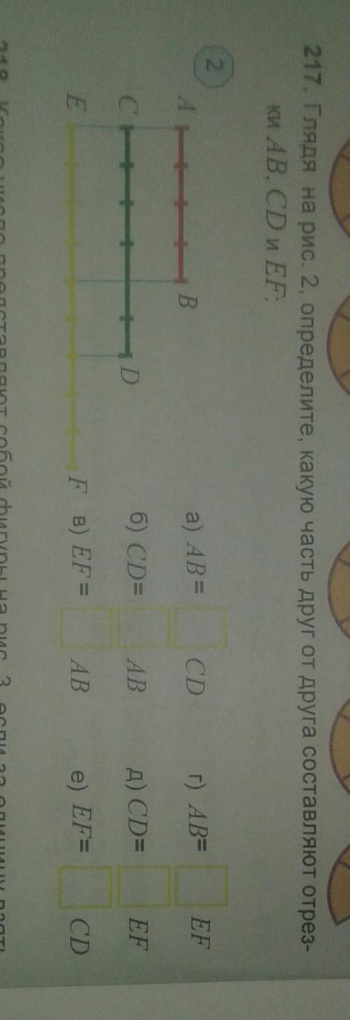 Глядя на рис 2 Определите какую часть друг от друга составляет отрезки AB CD и EF​
