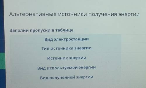 Альтернативные источники получения энергии Заполни пропуски в таблице.Вид электростанциисолнечная эл