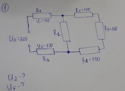 Дано: U0=200R1U1=40R2R3U3=100R4=100R5=100R6=100Найти:U2-?U5-?​