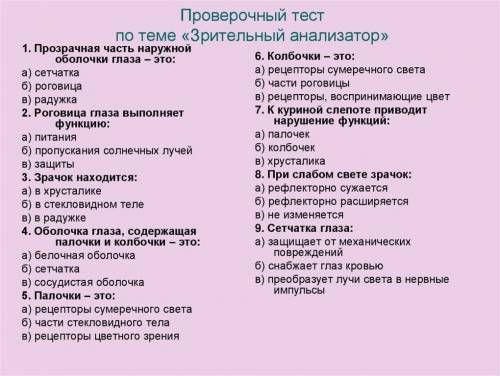 Проверочный тест по теме «Зрительный анализатор» 1. Прозрачная часть наружной оболочки глаза - это: