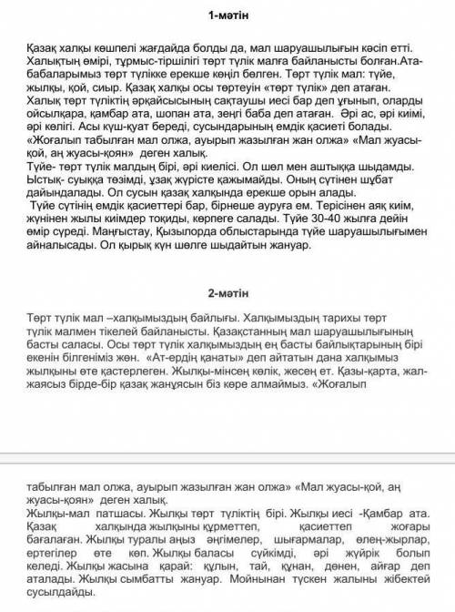 Мәтінді оқып, талдау жасаңдар. 1-мәтін 2-мәтінМәтіннің тақырыбы Мәтіннің идеясы Мәтіннің негізгі ойы