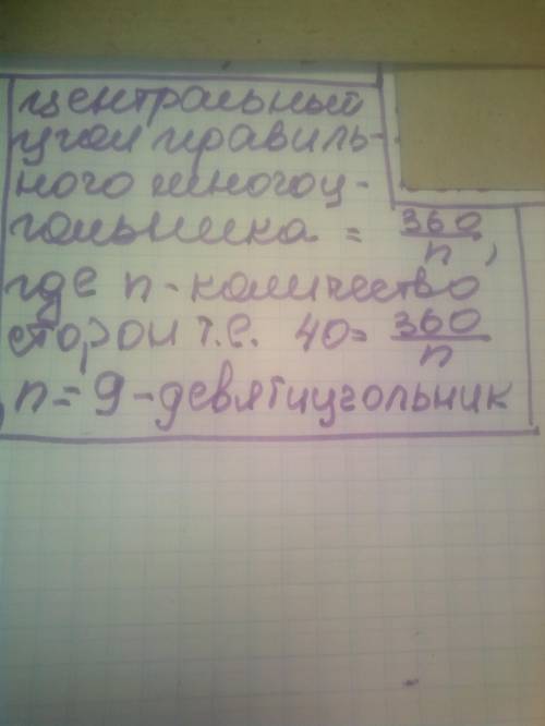 Центральний кут правильного многокутника дорівнює 40 градусів. знайдіть кількість сторін многокутник