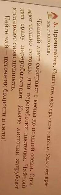Прочитайте. Спишите, подчеркните глаголы. Укажите вре- мя глаголов. Чайный лист собирают с весны до