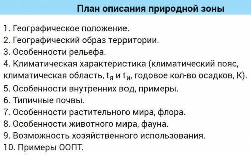 Составить описание природной зоны Тундра по данному плану