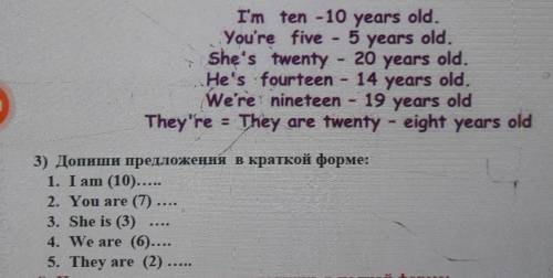 3) Допиши предложения в краткой форме: : 1. I am (10)2. You are (7)3. She is (3)4. We are (6)5. They