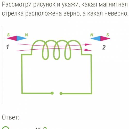 Рассмотри рисунок и укажи, какая магнитная стрелка расположена верно, а какая неверно стрелка № 2 ра