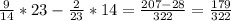 \frac{9}{14}*23 -\frac{2}{23} *14=\frac{207-28}{322} =\frac{179}{322}